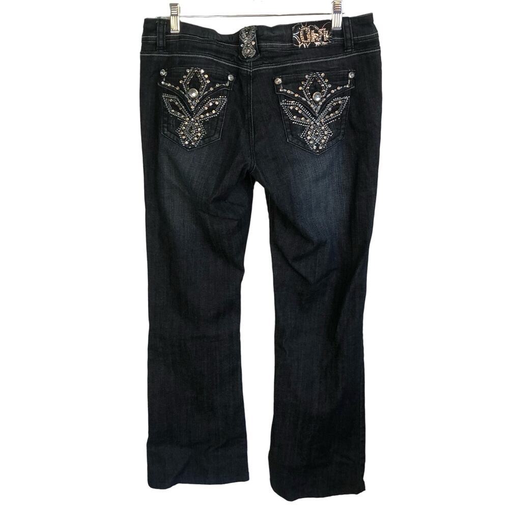 Grace in L.A. Junior's Embellished Dark Wash Jeans Rhinestones Low Rise Size 13